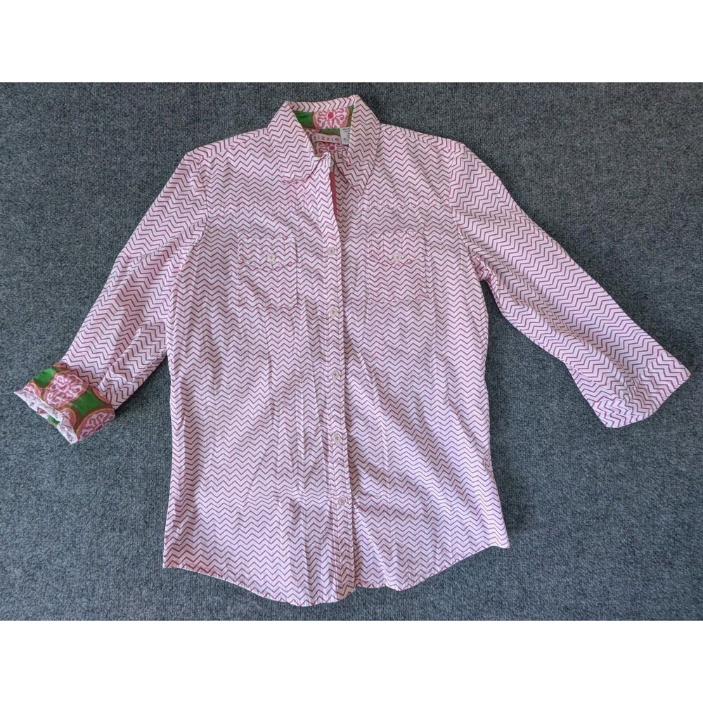 Dizzy Lizzie TIZZIE Button Down Shirt Women's Size M Contrast Cuffs Pink Stripes